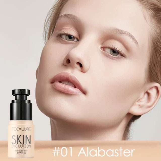 Focallure MatteBlend Foundation in Shade #01 Alabaster shown with bottle and a model with a flawless matte complexion.