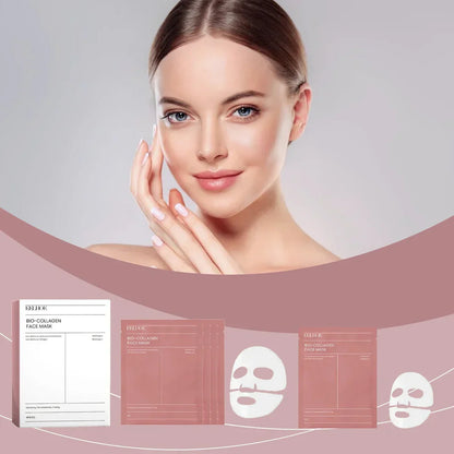 Bio-Collagen Face Mask packaging and sheet masks shown with a woman's radiant face for anti-aging and hydration.