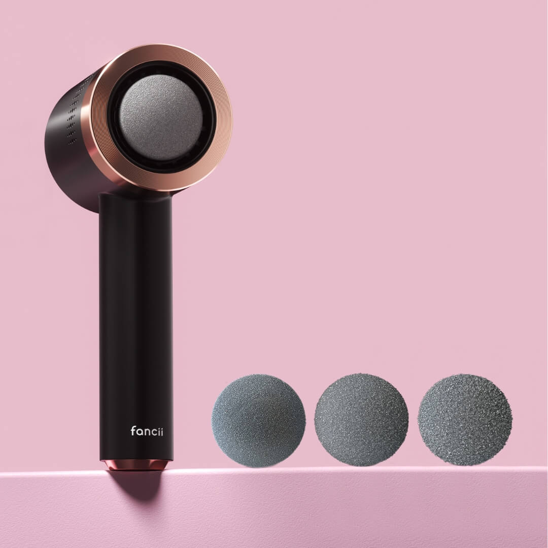 Cali Electric Callus Remover and professional foot file in black and rose gold with three interchangeable roller heads.