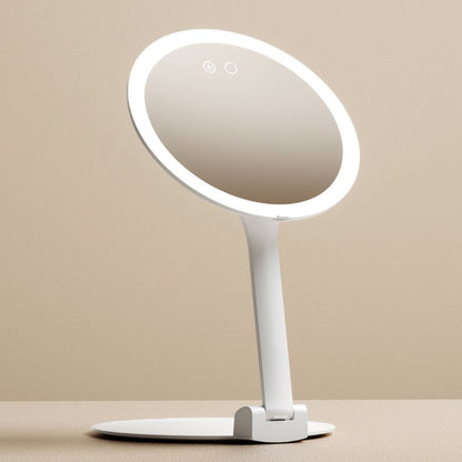 Abigail LED travel makeup mirror with 10x magnification, white portable vanity mirror with ring light and folding stand.