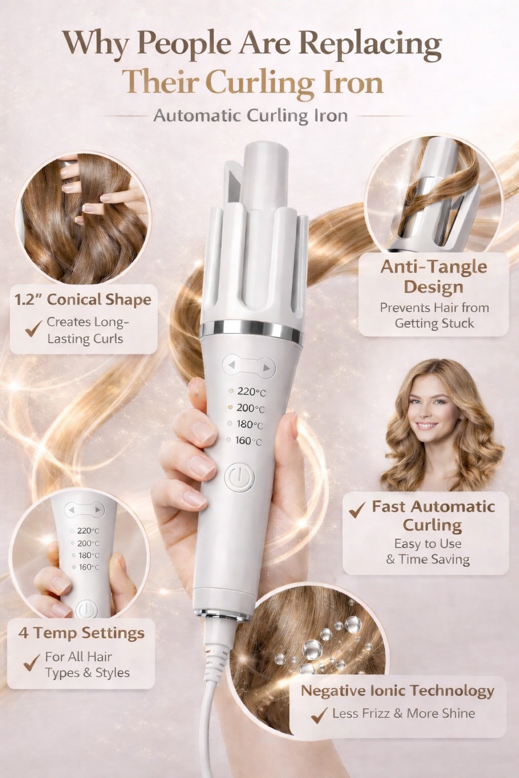 Solara Automatic Hair Curler with 4 heat settings and 1.2 inch conical ceramic barrel for tangle-free styling.