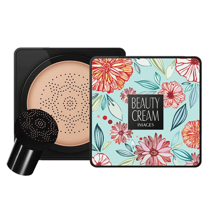 Water-resistant beauty base foundation cushion with mushroom head sponge applicator in floral compact.