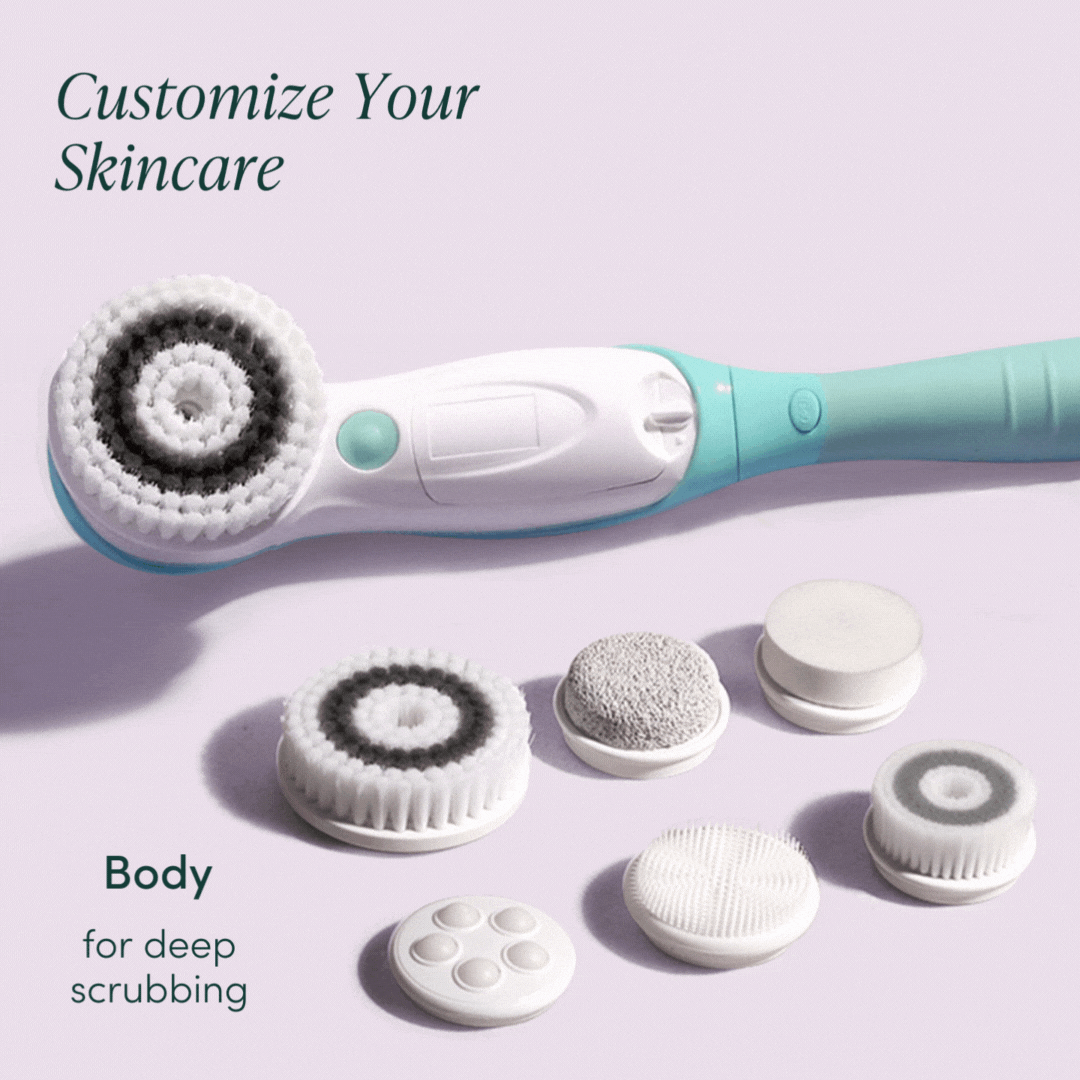 Cora 7 electric face and body cleansing brush with 6 interchangeable heads for exfoliating and deep scrubbing.