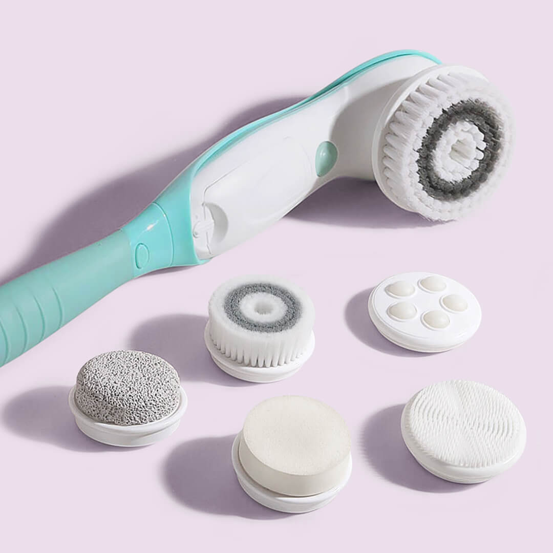 Cora 7 Electric Body Cleansing Brush in teal with 6 interchangeable heads for facial exfoliation and massage.
