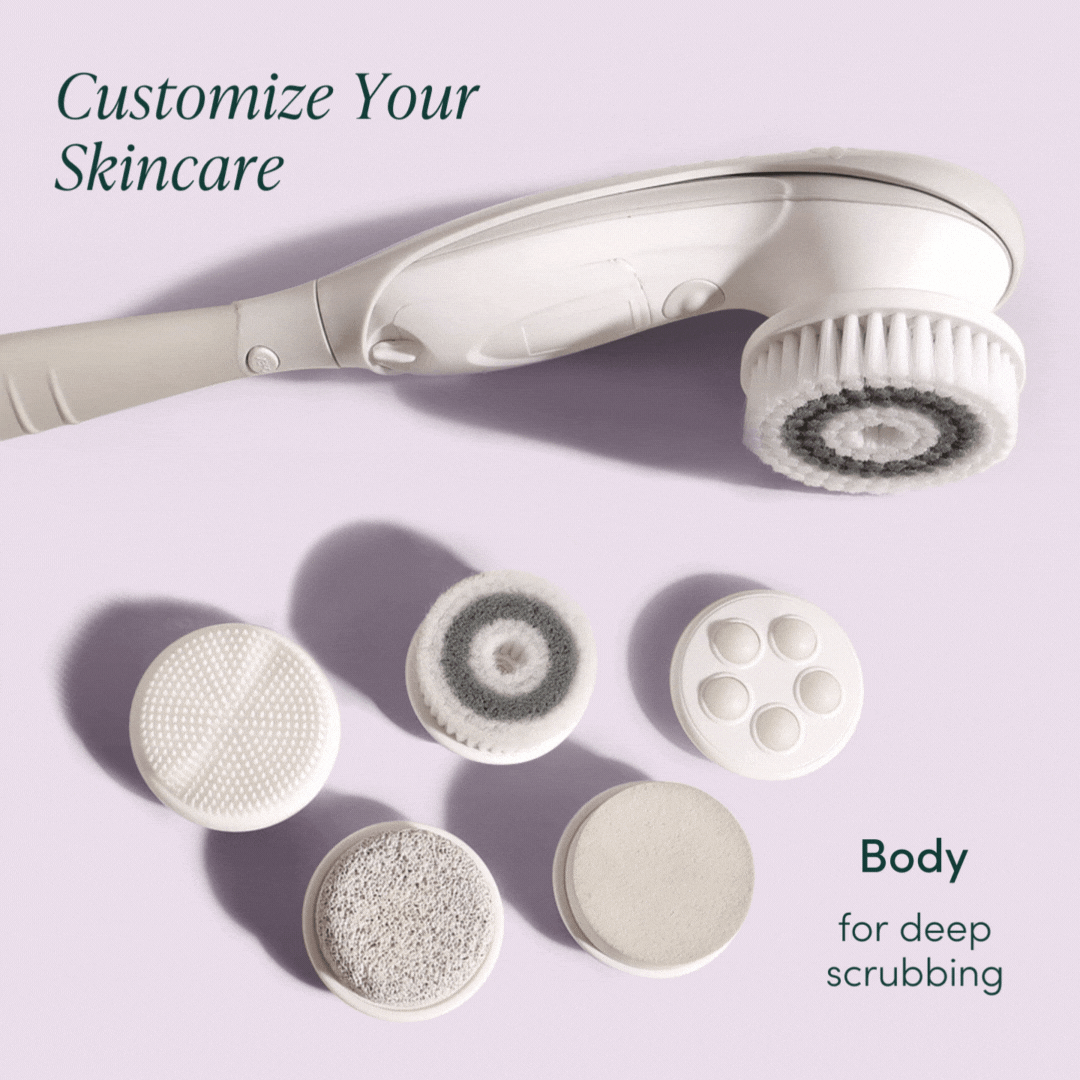 Cora 7 electric body cleansing brush with interchangeable heads for exfoliating, massaging, and deep scrubbing.