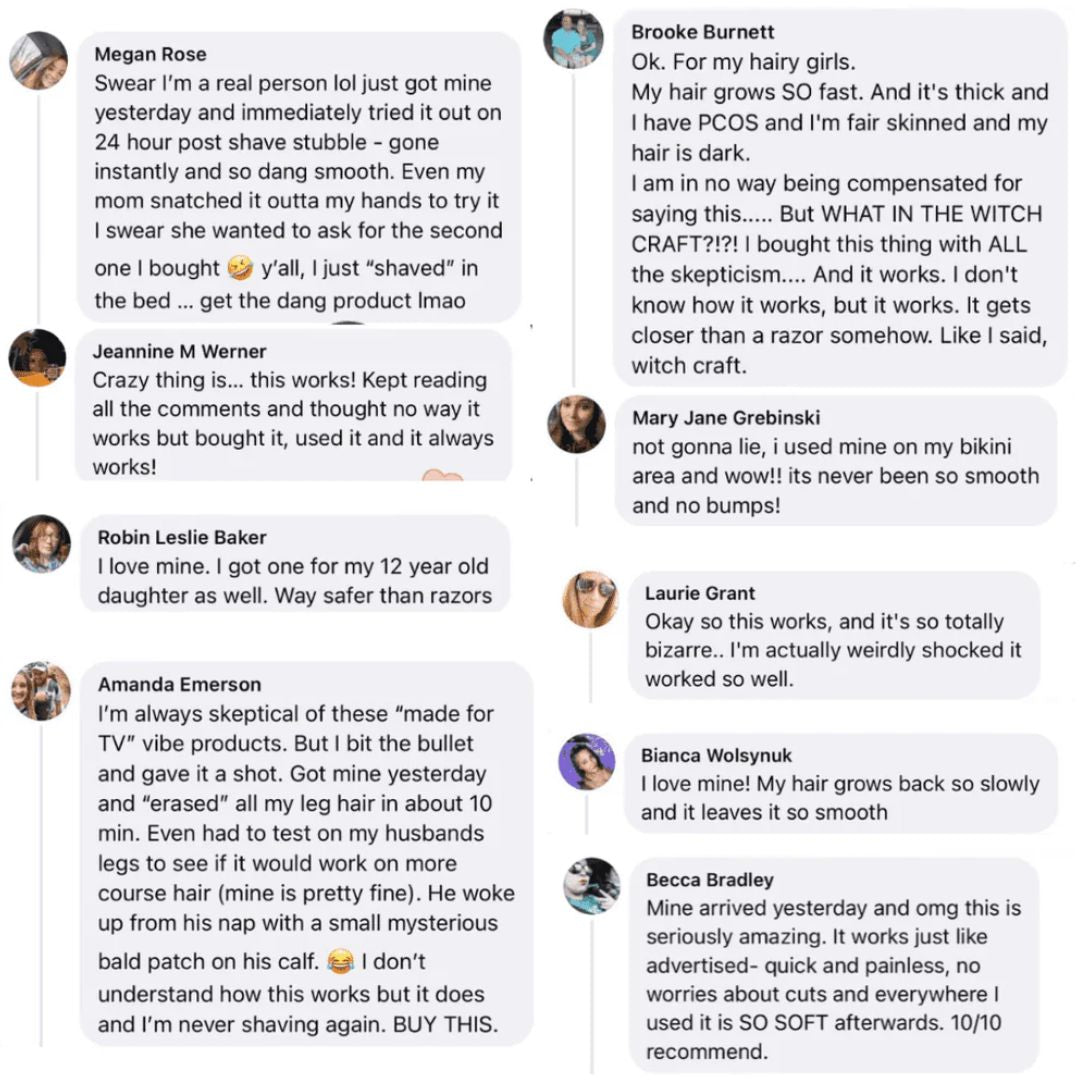 Positive customer reviews and testimonials for the GlowShave 2-in-1 women's body shaver and painless electric razor.