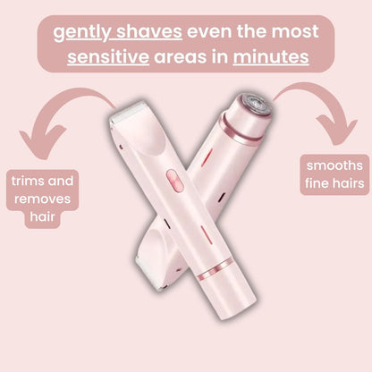 Pink GlowShave 2-in-1 body shaver infographic showing the trimmer for hair removal and rotary head for smoothing fine hair.