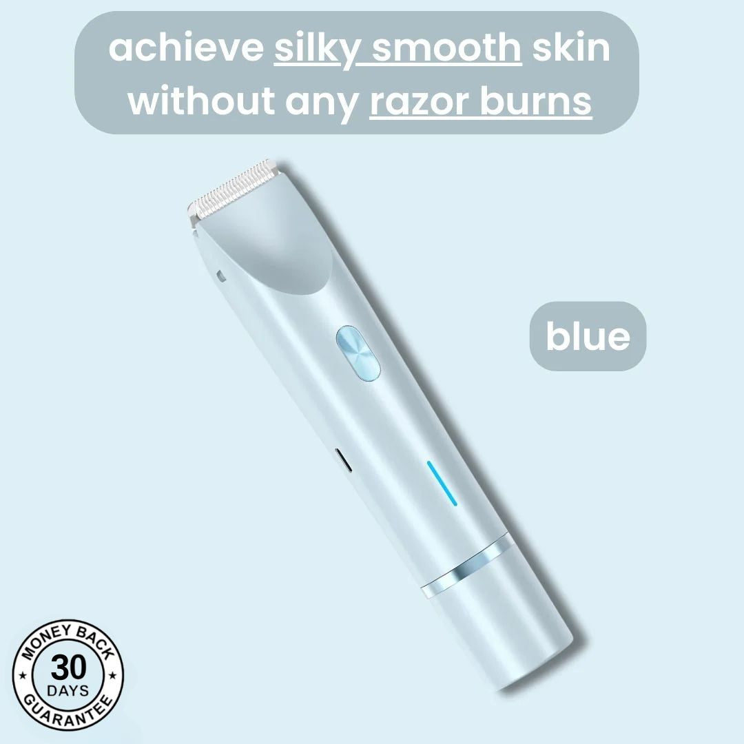 Light blue GlowShave 2-in-1 cordless electric body shaver for women with hypoallergenic trimming head.