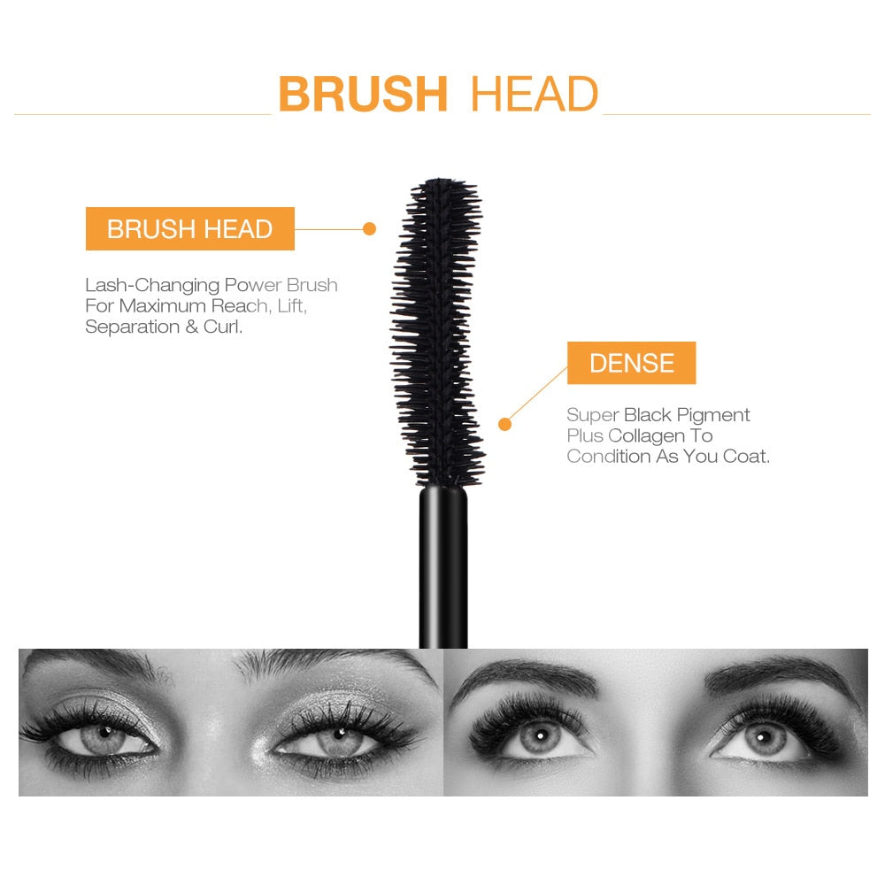 Dense mascara brush head detail with before and after eyelash volume results for lengthening fiber lash mascara.