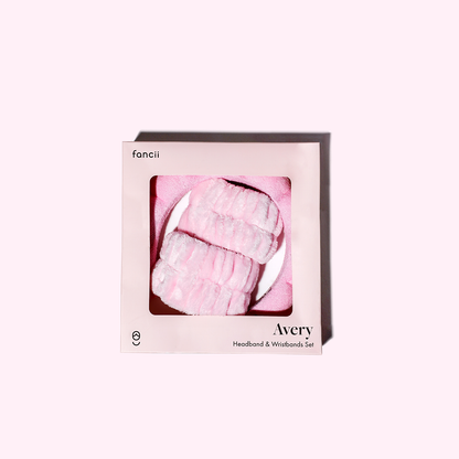 Fancii Avery pink skincare set with absorbent microfiber bubble headband and two wristbands in professional gift packaging.