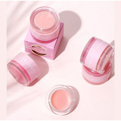 HANDAIYAN 2-in-1 moisturizing pink lip scrub and balm jars with box, showcasing smooth exfoliating and hydrating textures.