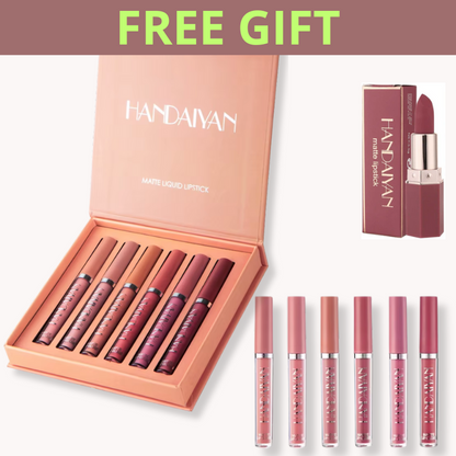 Handaiyan 6-piece matte liquid lipstick set in nude and pink tones with a bonus velvet matte lipstick gift.