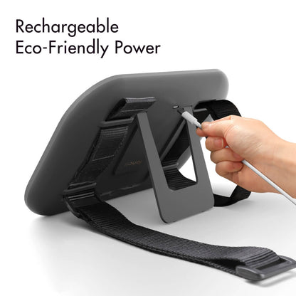 Rechargeable LED car visor mirror with built-in stand and USB charging cable for portable travel vanity use.