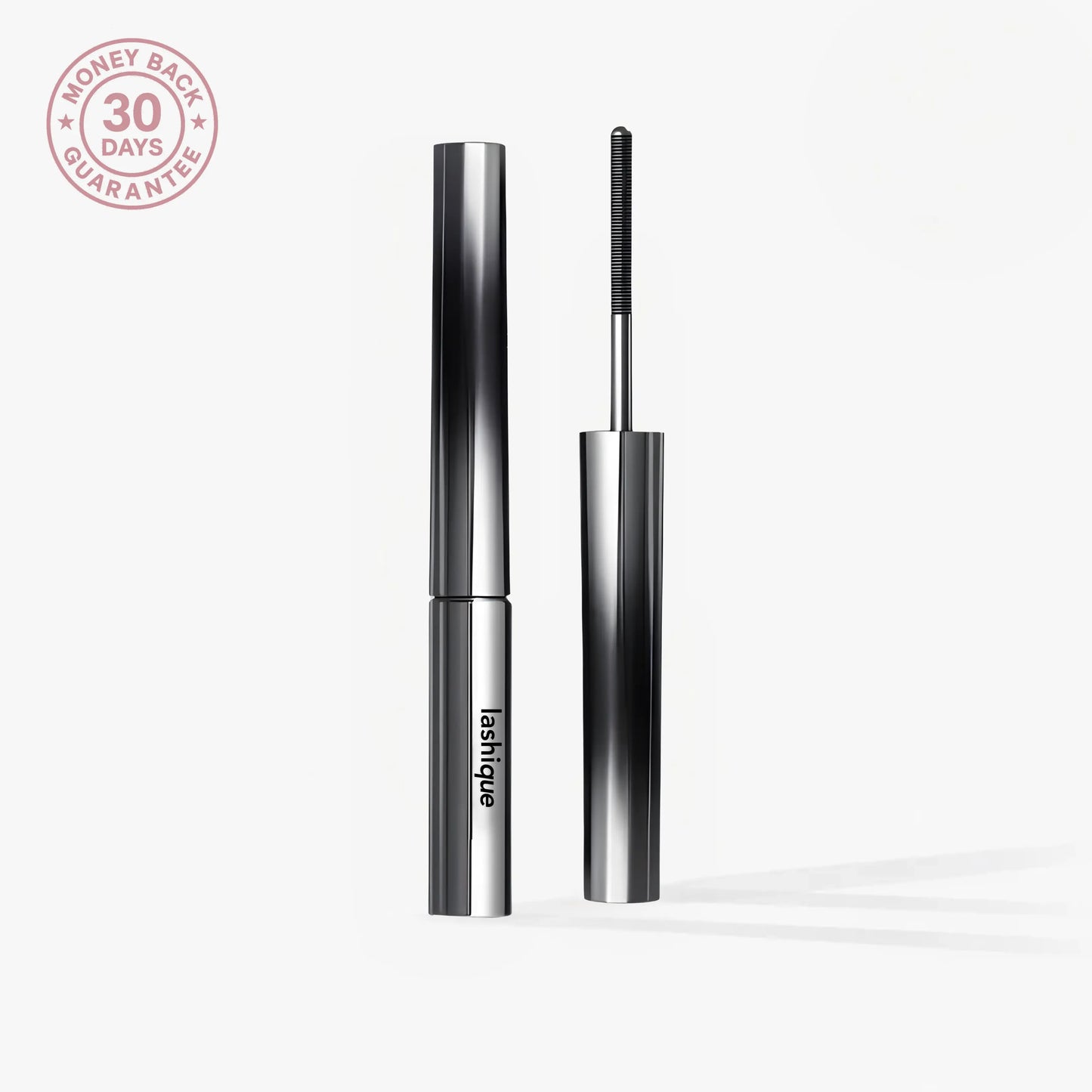 Lashique Metal Wand Mascara in Midnight Black with precision applicator and 30-day money back guarantee seal.