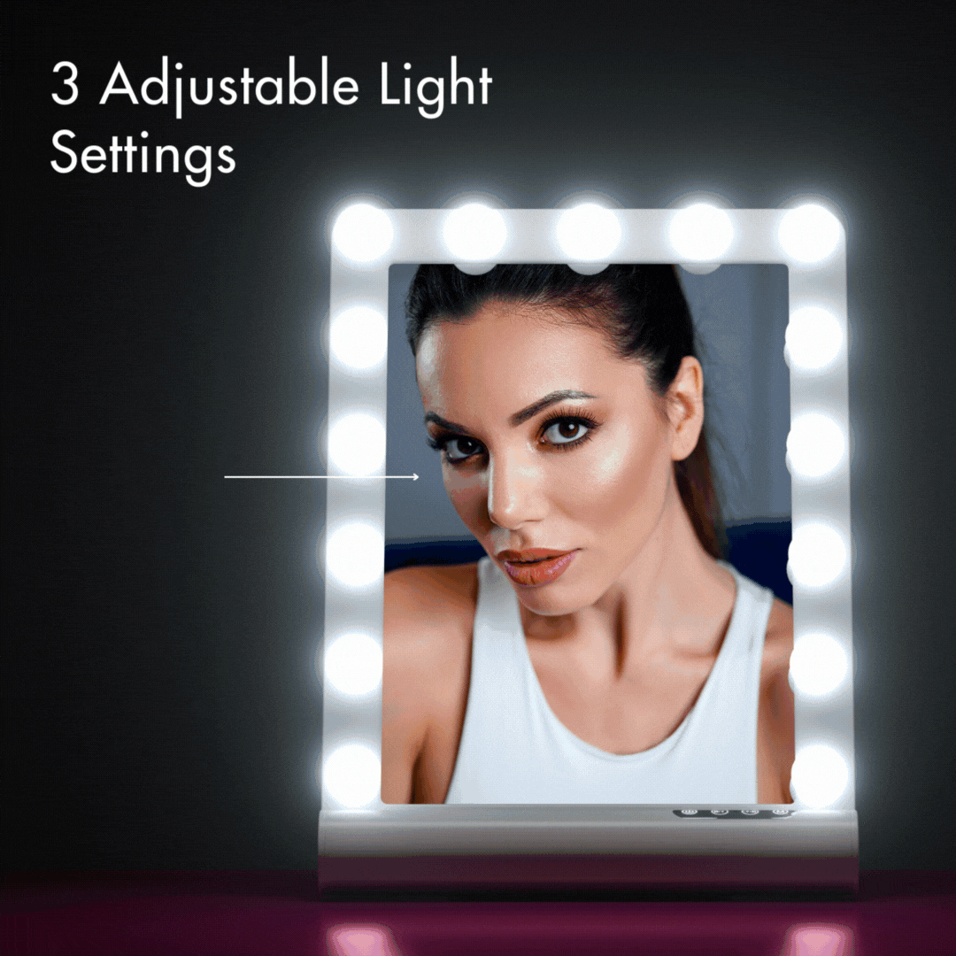 Madeline Mini Hollywood Mirror featuring 12 dimmable LED bulbs and three adjustable light settings for makeup application.