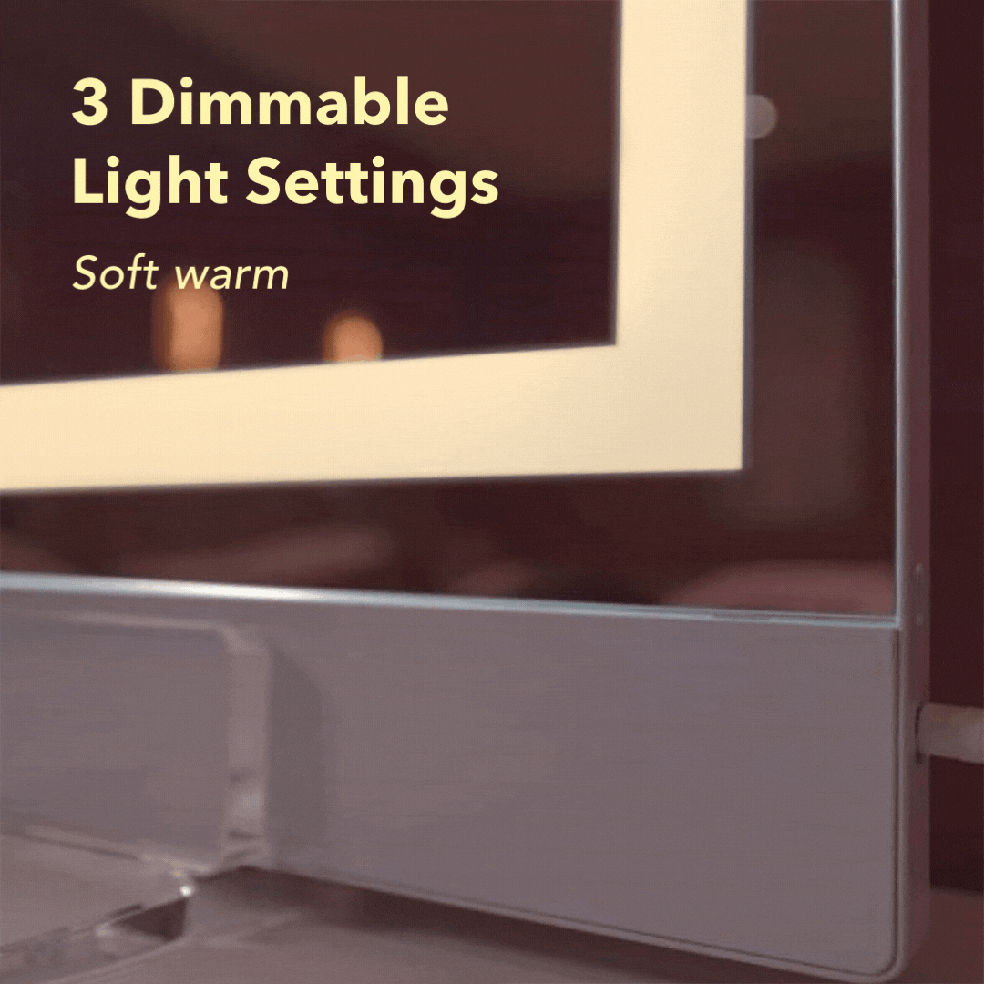 Monroe Hollywood Vanity Mirror with 3 dimmable light settings and Omni-Glow LED technology in soft warm lighting.