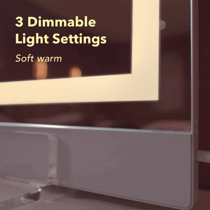 Monroe Hollywood Vanity Mirror with 3 dimmable light settings and Omni-Glow LED technology in soft warm lighting.