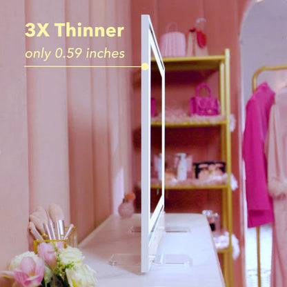 Side view of the Monroe ultra-thin Hollywood vanity mirror with 0.59-inch frame and Omni-Glow LED lighting.
