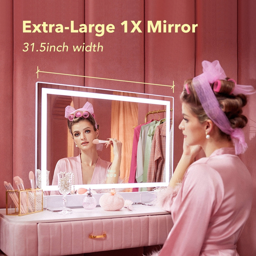 31.5-inch Monroe Hollywood lighted vanity mirror with Omni-Glow LED technology on a pink makeup desk.