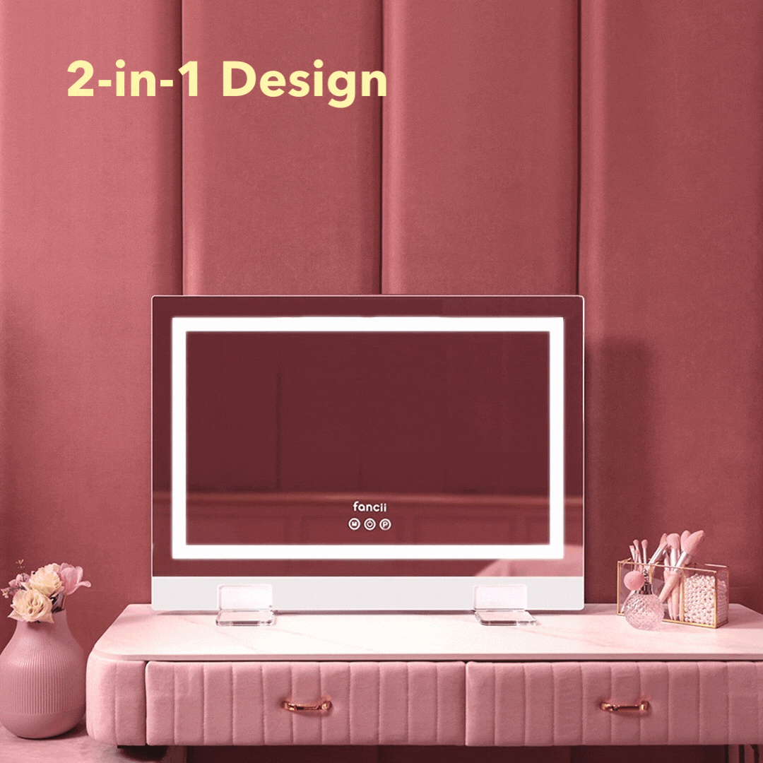 Monroe Hollywood vanity mirror with 2-in-1 design and Omni-Glow LED lighting on a pink makeup vanity desk.