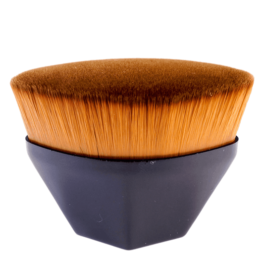 Hexagonal foundation makeup brush with dense synthetic brown bristles and a black ergonomic handle on a white background.