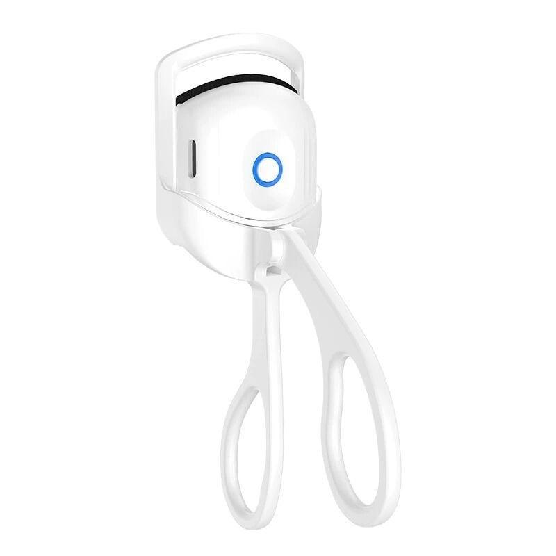 White LashWave electric eyelash curler with USB rechargeable design and blue indicator light on white background.