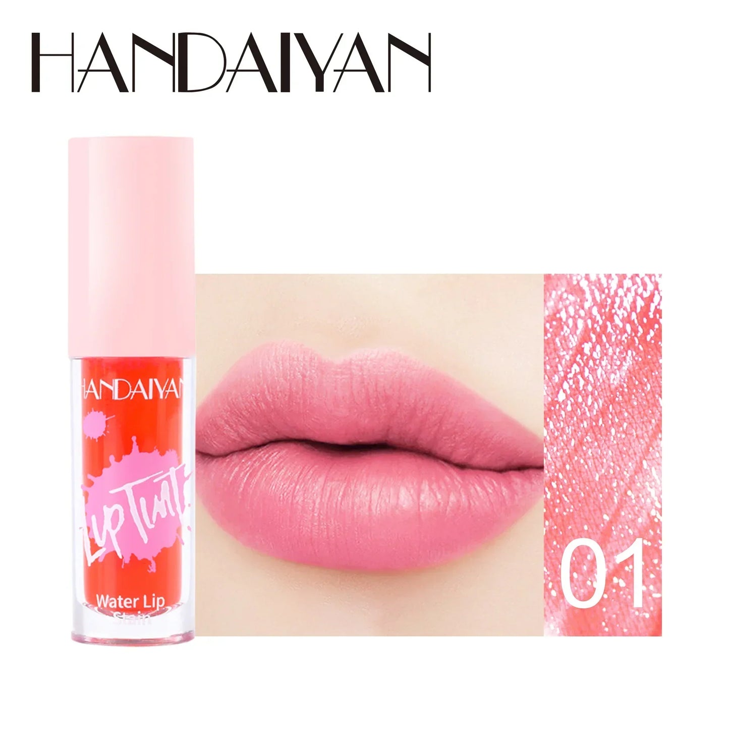 Handaiyan 01 pink water lip stain bottle with swatch and application on lips for a long-lasting moisturizing cheek tint.