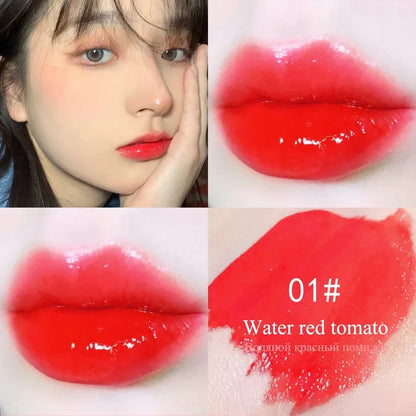 LuxeGloss vibrant red waterproof lip gloss swatch and model showcase in shade 01 Water Red Tomato.