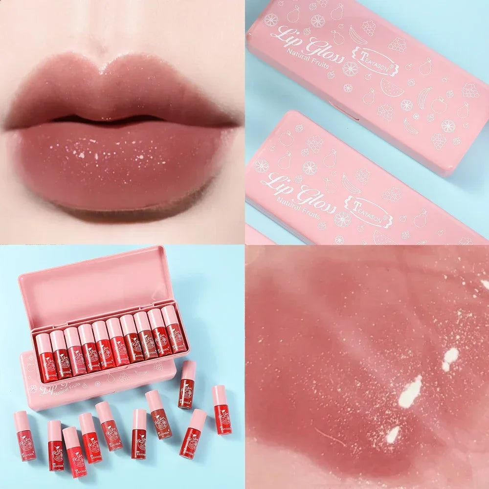 LuxeGloss 10-piece waterproof lip gloss kit with high-shine shimmering shades, pink packaging, and close-up lip swatch.