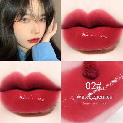 LuxeGloss Water Cherries shade #02: Vibrant high-shine red lip gloss swatch on model and close-up for waterproof finish.