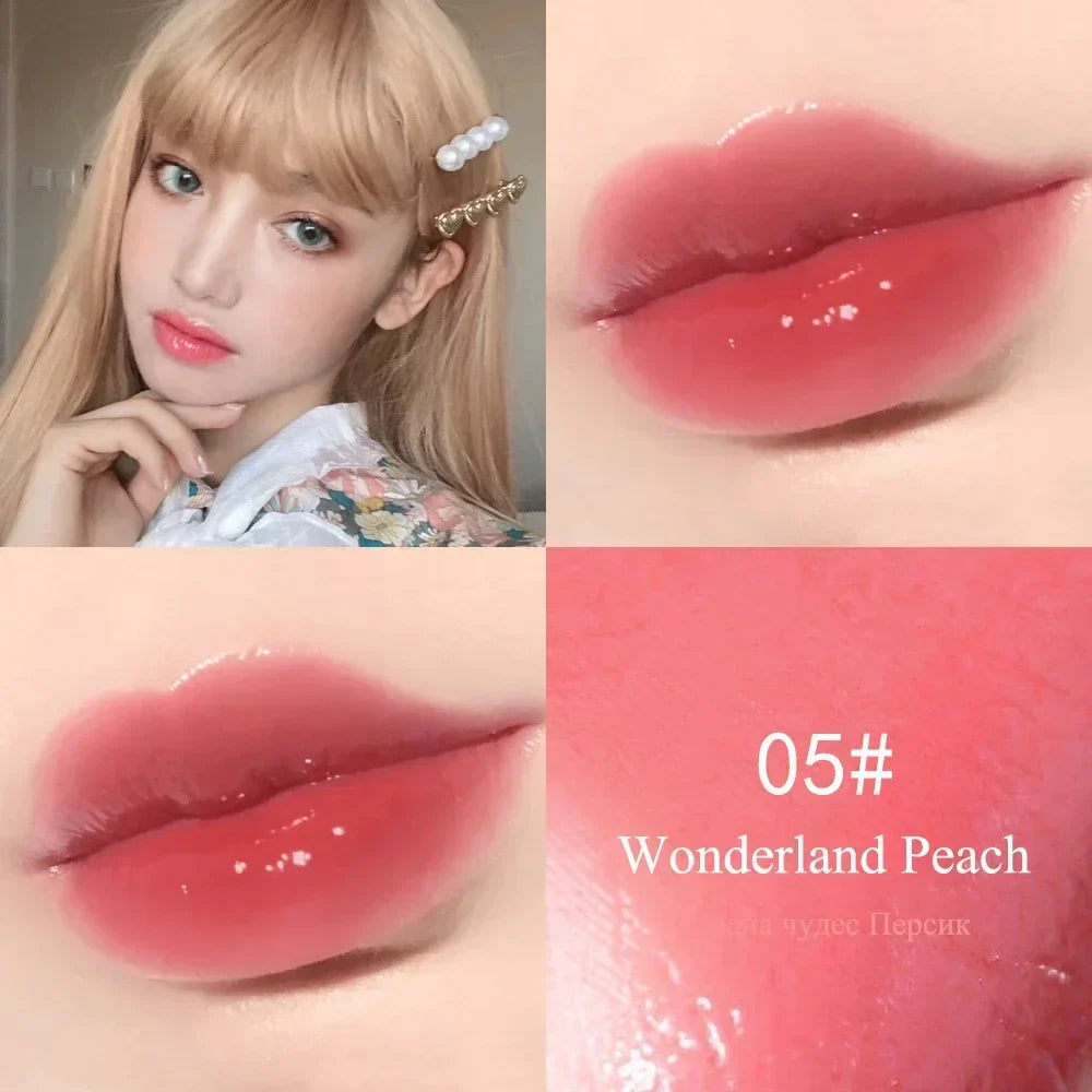 LuxeGloss high-shine lip gloss in shade 05 Wonderland Peach on model and close-up swatches.