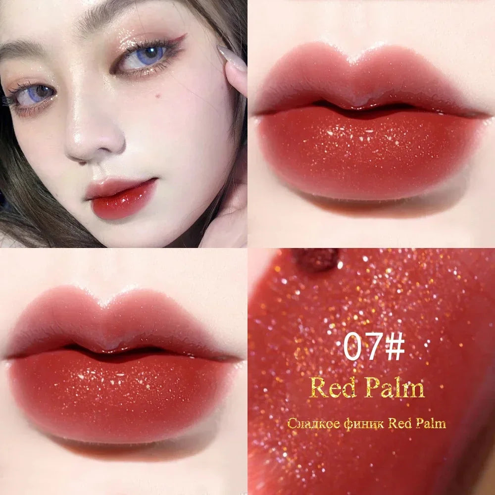 LuxeGloss high-shine waterproof lip gloss in shade 07 Red Palm, featuring a vibrant reddish-brown hue with subtle shimmer.