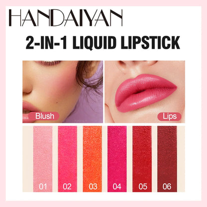 2-in-1 Handaiyan liquid lipstick and blush applied to lips and cheeks, with six vibrant stain color swatches.