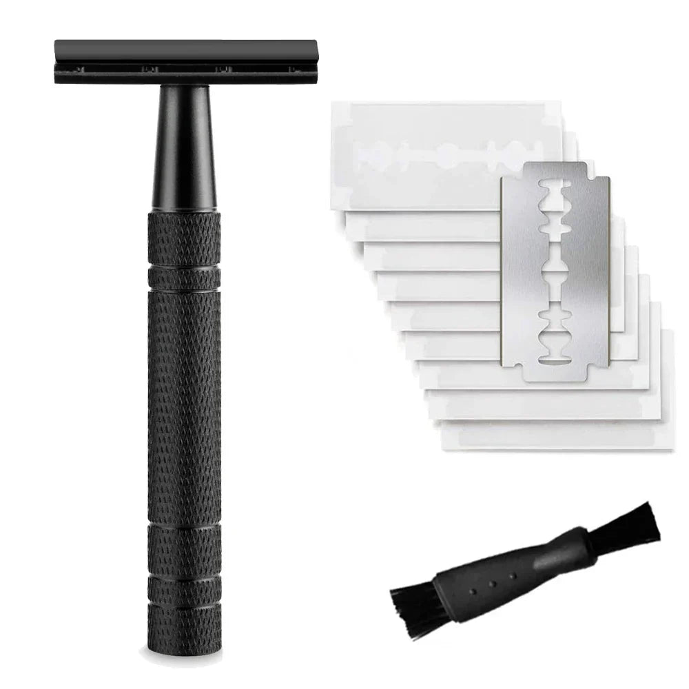 Matte black SmoothShave safety razor bundle with textured handle, ten double-edge refill blades, and a cleaning brush.
