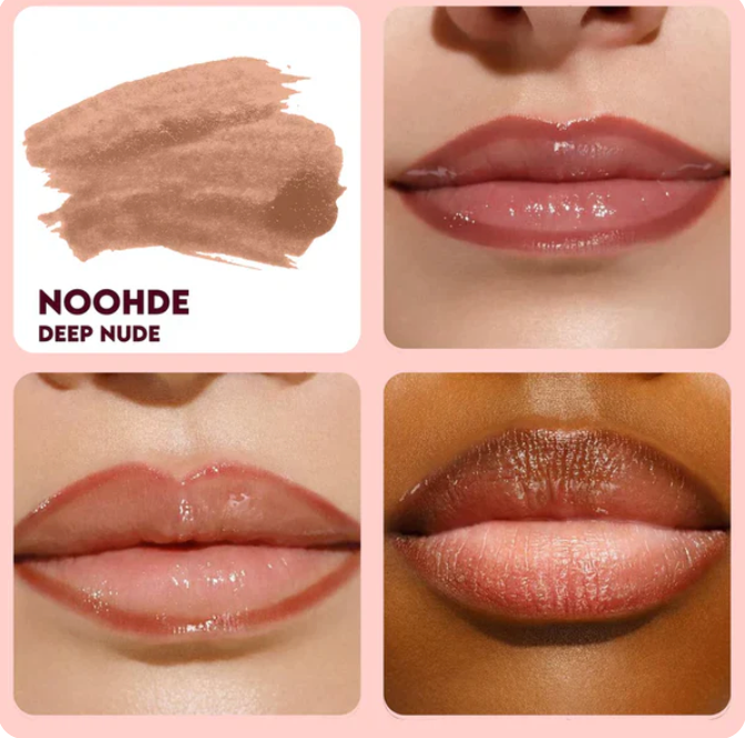 Stay-N Peel-Off Lip Liner in Noohde Deep Nude shown as a swatch and applied to different skin tones for a matte finish.
