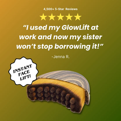 RadiantGlow Lymphatic Facial Brush with customer testimonial and 5-star rating for an instant face lift.