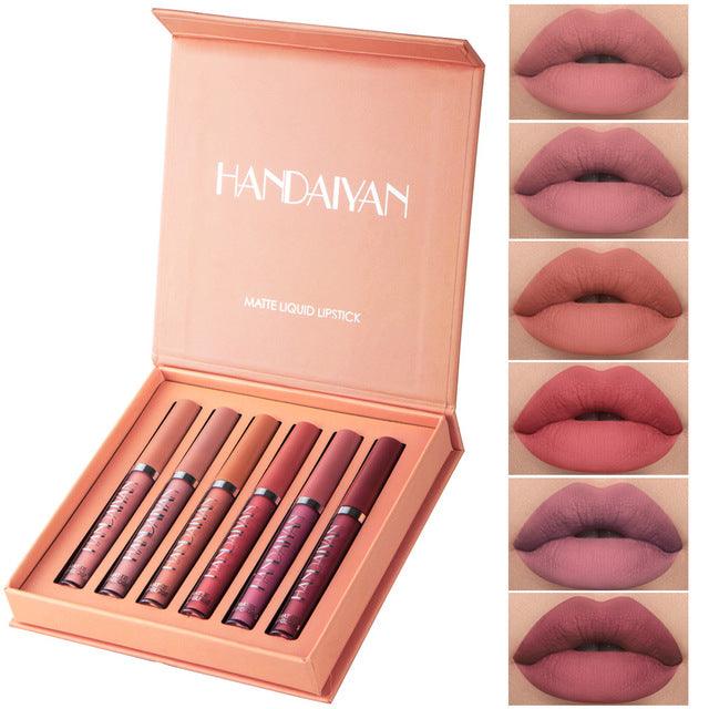 Handaiyan 6-piece matte liquid lipstick set in nude and berry shades with vertical lip swatches showing finish.