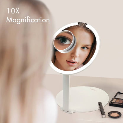 Tara 10X Magnifying Suction Mirror attached to a lighted vanity mirror showing a detailed, zoomed-in view of a woman's eye.