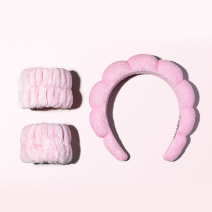 Pink Avery bubble spa headband and matching microfiber wristbands for face washing and makeup application.