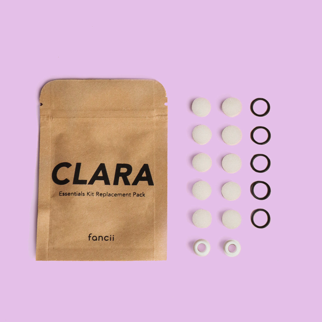 Clara Essential Kit replacement pack for pore cleanser with 10 foam filters, 5 rubber rings, and 2 silicone tips.