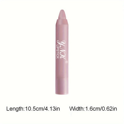 Velvet matte lipstick pencil in dusty rose with YNK branding and dimensions: 4.13 inches long and 0.62 inches wide.