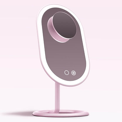 Vera LED lighted vanity mirror in pink with magnetic 10x Lara magnifying mirror and Tru Glow lighting system.