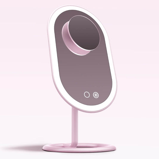 Vera LED lighted vanity mirror in pink with magnetic 10x Lara magnifying mirror and Tru Glow lighting system.