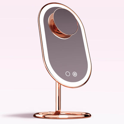 Rose gold Vera Vanity LED makeup mirror with Tru Glow lighting and magnetic Lara 10x magnifying attachment.