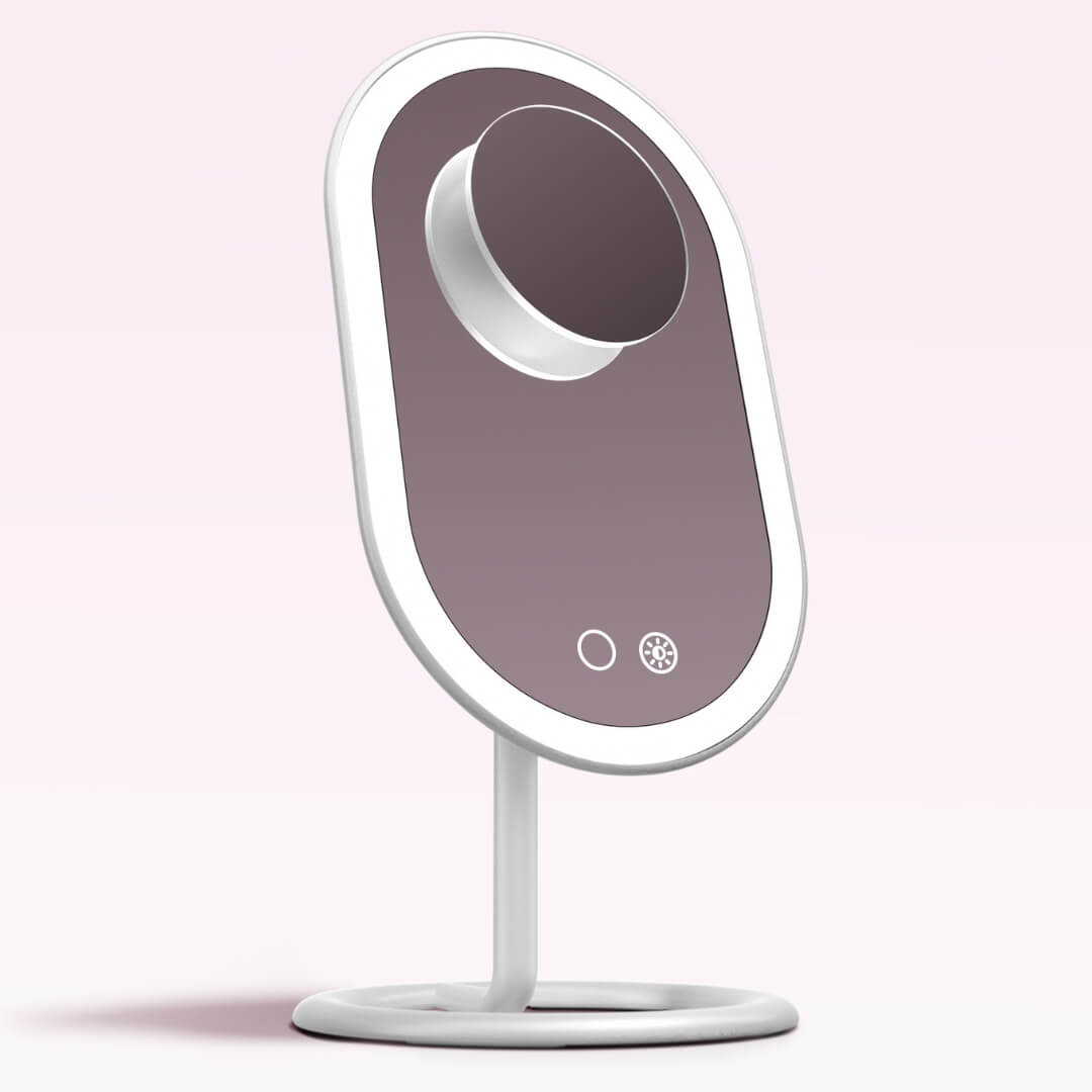Vera LED lighted vanity mirror in lavender with detachable Lara 10x magnifying mirror and Tru Glow light system.