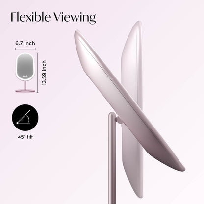 Vera LED vanity mirror infographic showing 45-degree tilt and 13.59-inch height for flexible viewing angles.