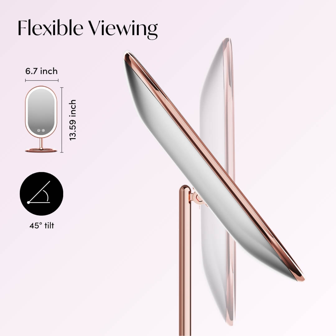 Vera Lighted Vanity Mirror in rose gold showing 45-degree tilt and 13.59-inch height for flexible viewing.
