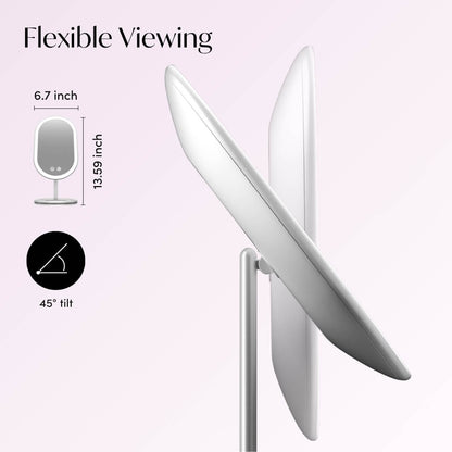 Vera LED makeup mirror infographic showing 45-degree tilt and 13.59-inch height for flexible vanity viewing.