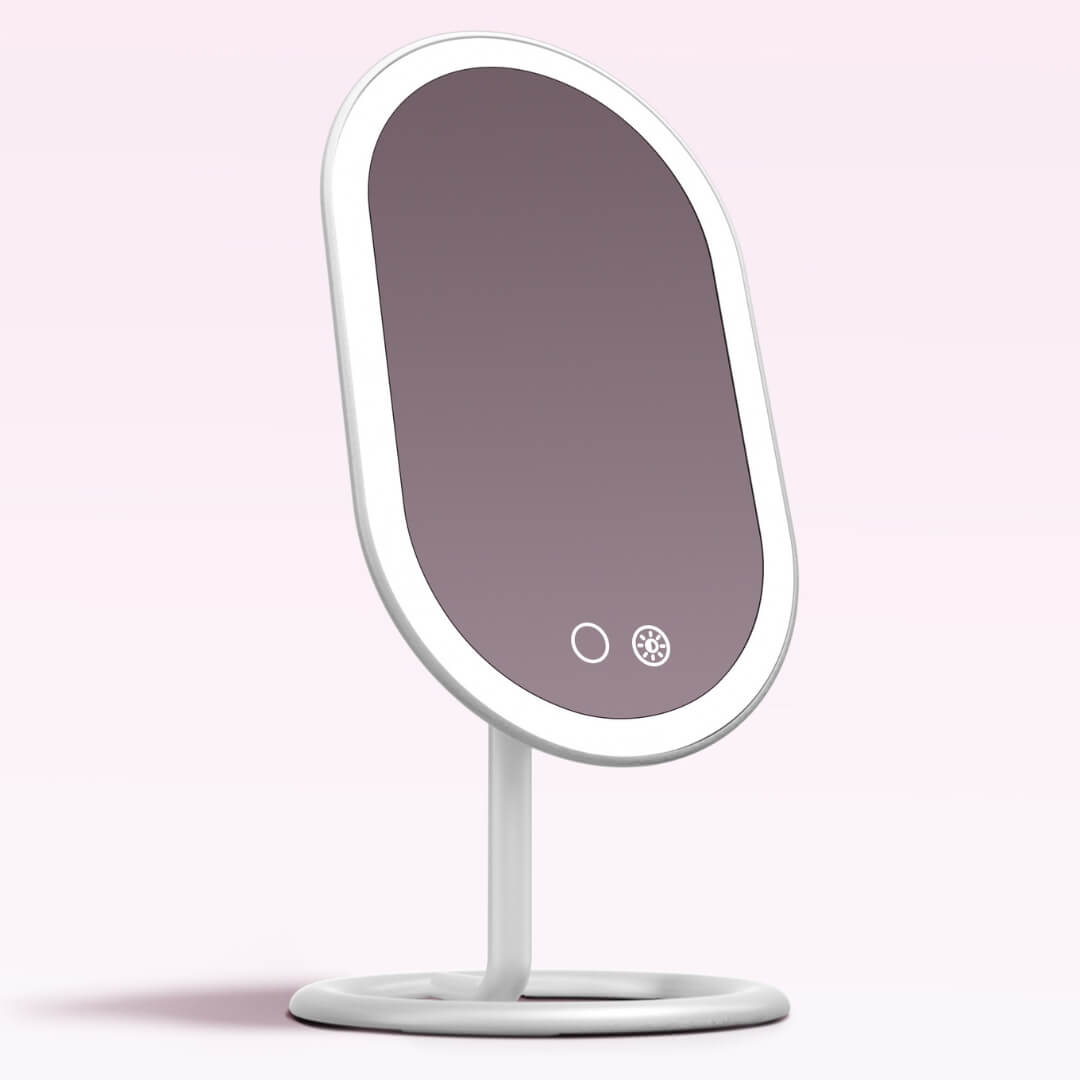 Vera white lighted vanity mirror with LED border, oval rechargeable makeup mirror on a sturdy aluminum stand.