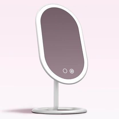 Vera white lighted vanity mirror with LED border, oval rechargeable makeup mirror on a sturdy aluminum stand.
